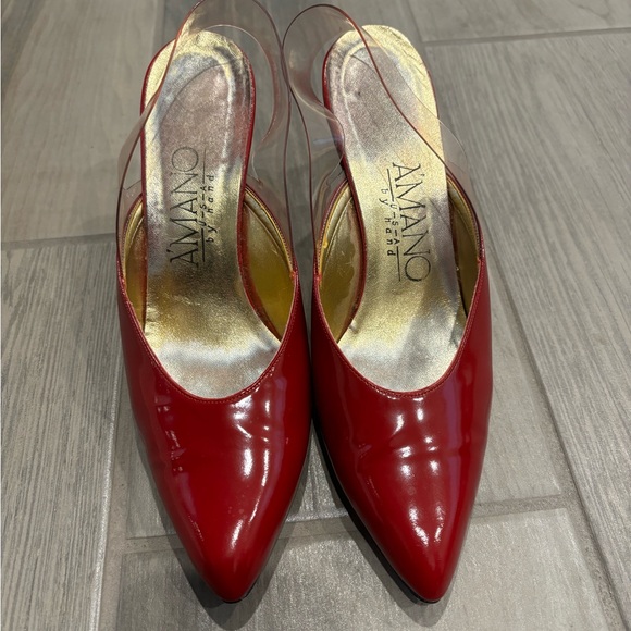 Vintage Y2K red pointed toe heels genuine leather with clear plastic slingback - Picture 2 of 7